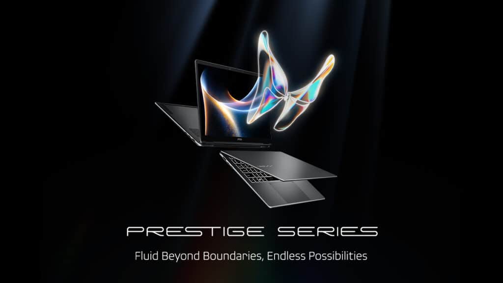 Tre slanke MSI-laptops fra Prestige-serien vises med abstrakte, farverige lysspor og taglinen "Fluid Beyond Boundaries, Endless Possibilities" på en mørk baggrund, der viser CES-gaming laptops innovation.